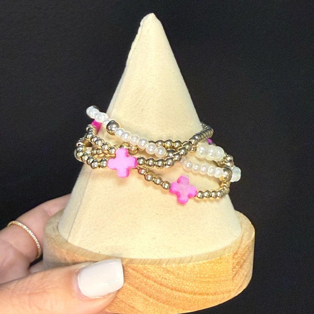 Gold and Pink Beaded Bracelet Set